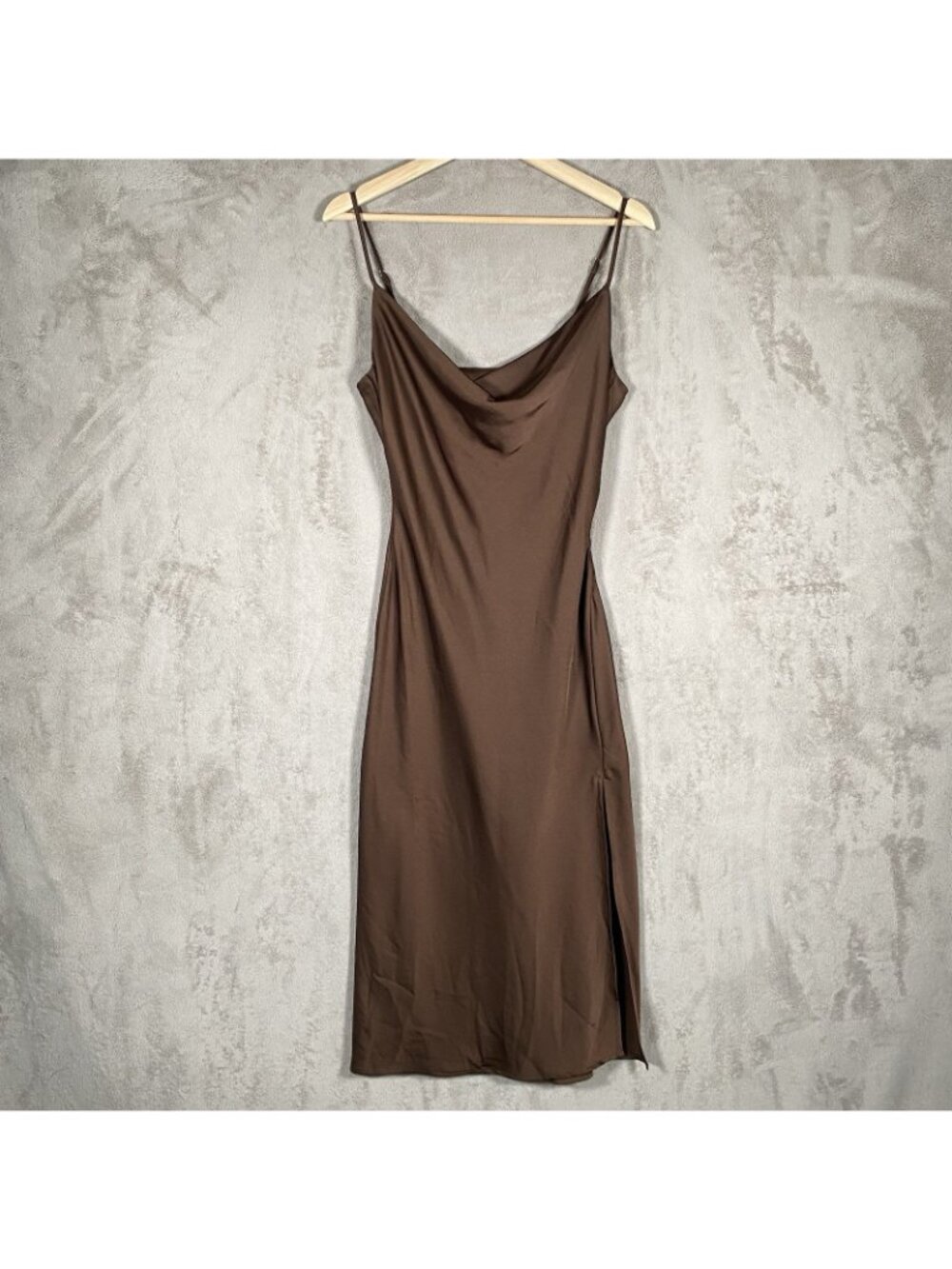 Windsor Satin Cowl Neck Midi Slip Dress M Chocolate Brown Slit Spaghetti Strap - Picture 6 of 15